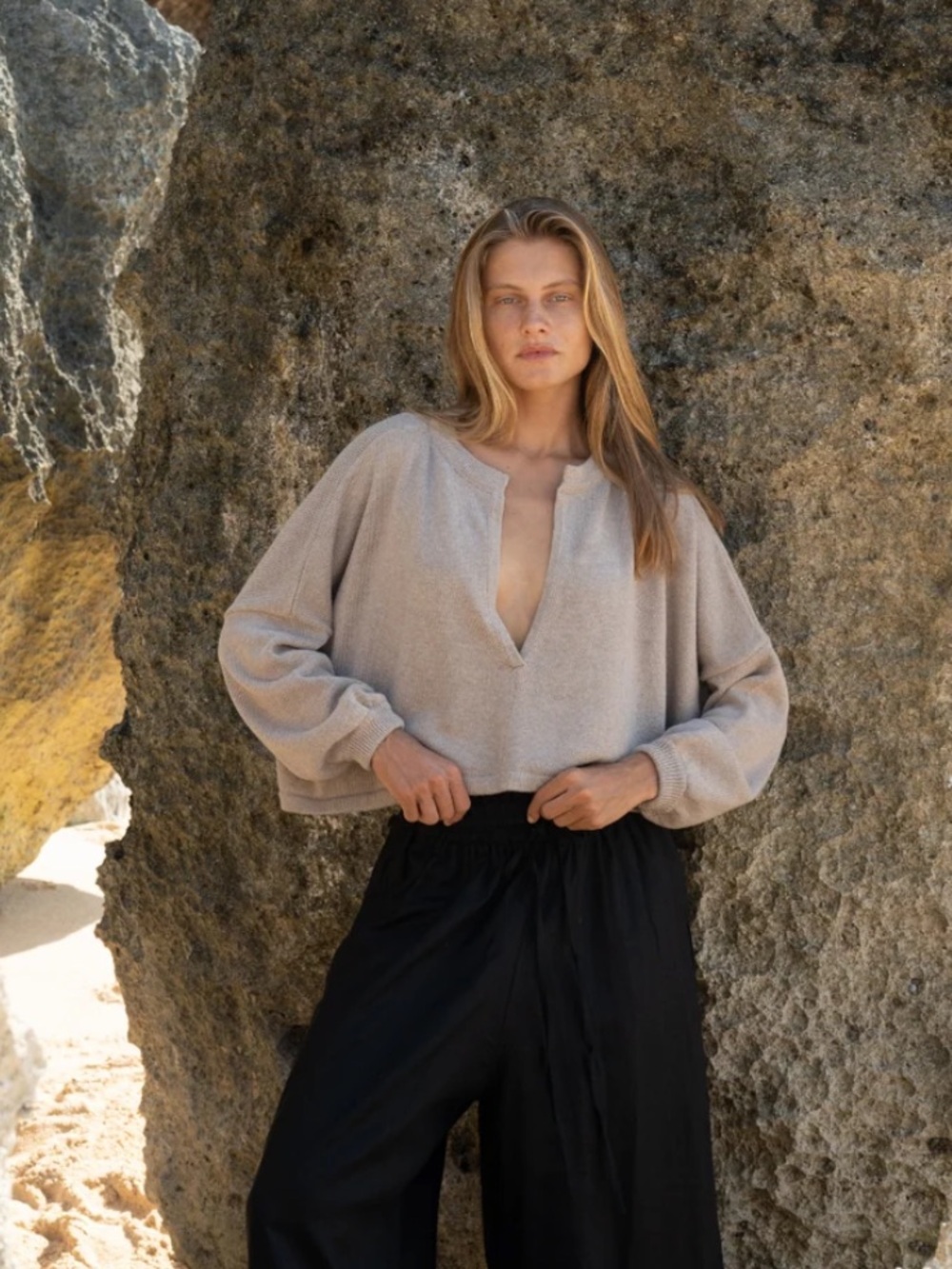 Relaxed V-Neck Pullover Top - Beige